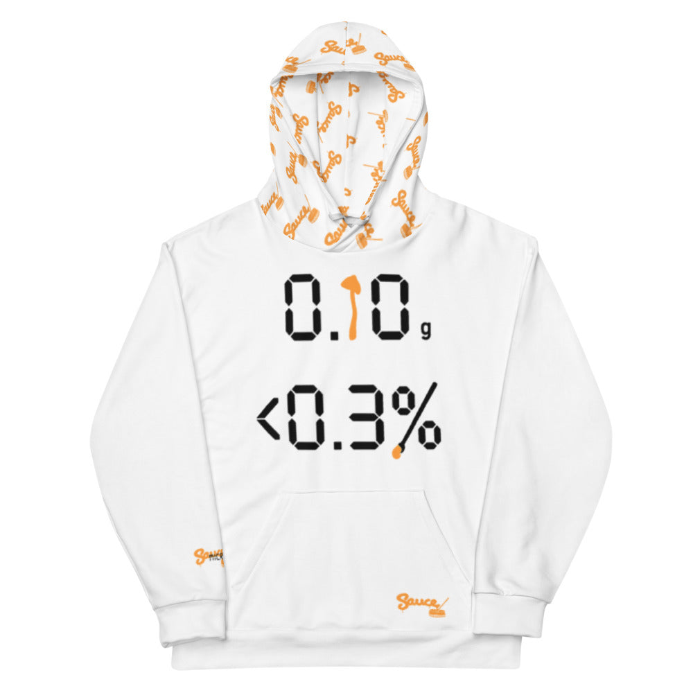 This Sauce Warehouse Micro-Dose hoodie features a digital scale readout with the silhouette of a psilocybin mushroom representing a "0.10" gram micro-dose. Shop clothing and dabbing accessories at Sauce Warehouse