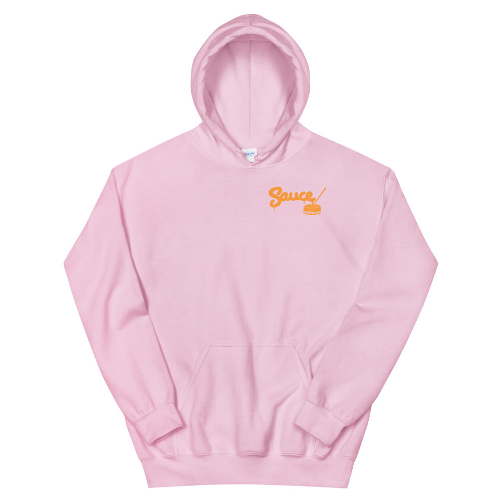 Light Pink Sauce Warehouse unisex Hoodie V2. The front of this hoodie features a small minimalist logo on the left chest. Shop CBD concentrates, clothing, and dabbing accessories at Sauce Warehouse