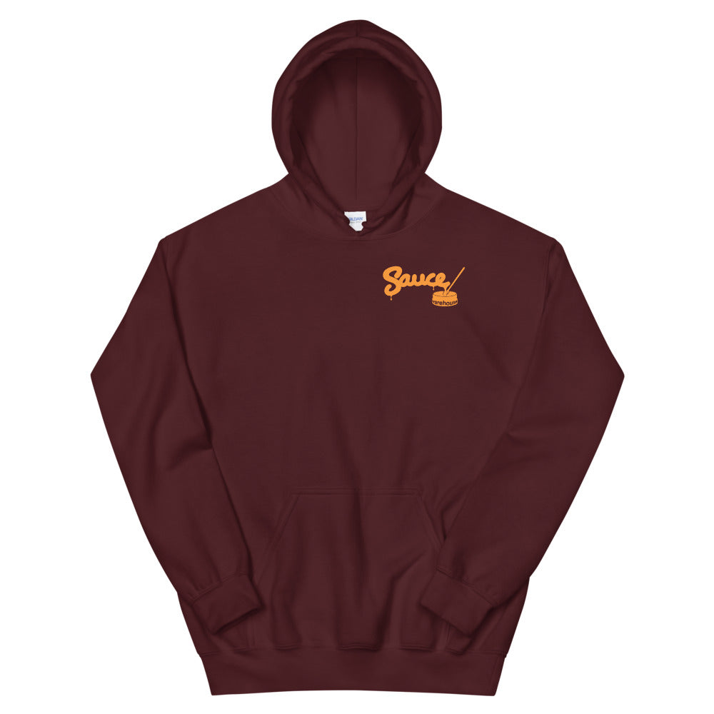 Maroon Sauce Warehouse unisex Hoodie V2. The front of this hoodie features a small minimalist logo on the left chest. Shop CBD concentrates, clothing, and dabbing accessories at Sauce Warehouse