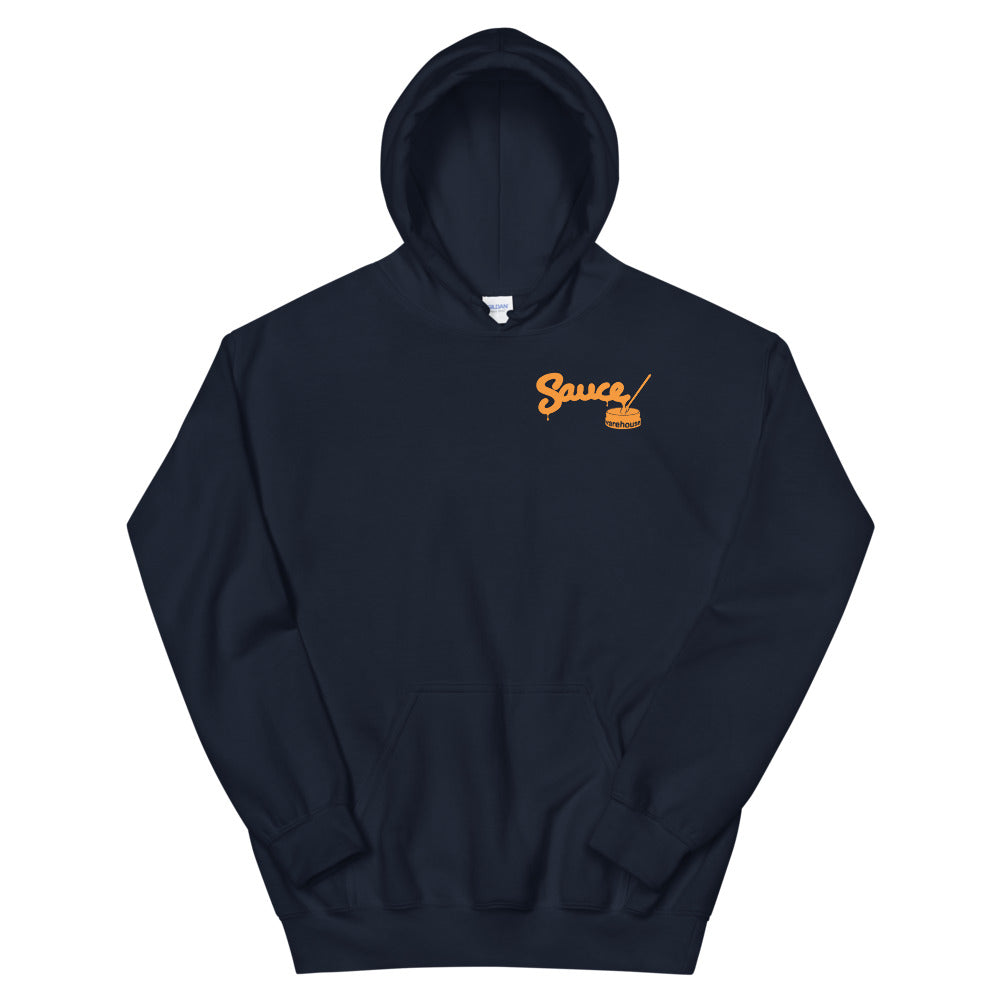 Navy Blue Sauce Warehouse unisex Hoodie V2. The front of this hoodie features a small minimalist logo on the left chest. Shop CBD concentrates, clothing, and dabbing accessories at Sauce Warehouse
