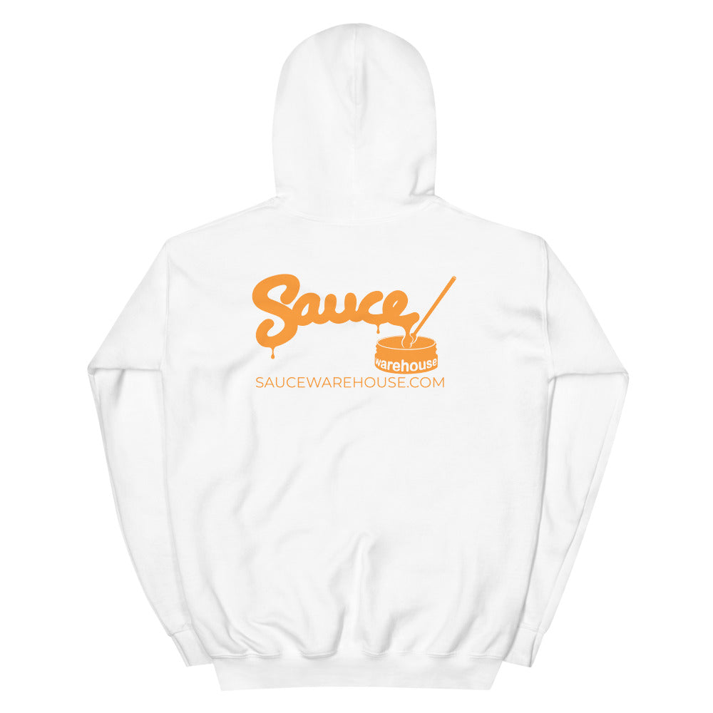 White Sauce Warehouse unisex hoodie. The back of this hoodie features the Sauce Warehouse logo and URL. Shop CBD Concentrates, clothing, and dabbing accessories at Sauce Warehouse.