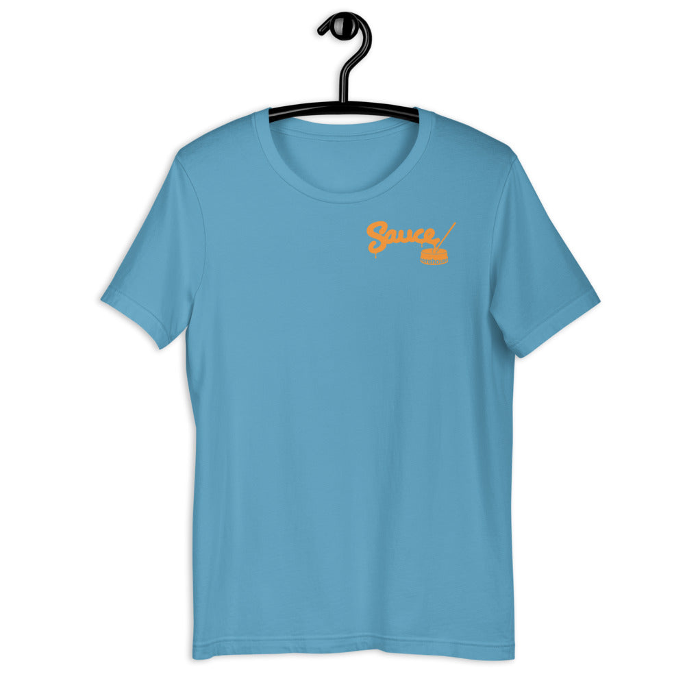 Ocean Blue Sauce Warehouse V2 T-Shirt. Featuring a minimalist Sauce Warehouse logo on the left chest. Shop CBD concentrates, clothing, and dabbing accessories at Sauce Warehouse.
