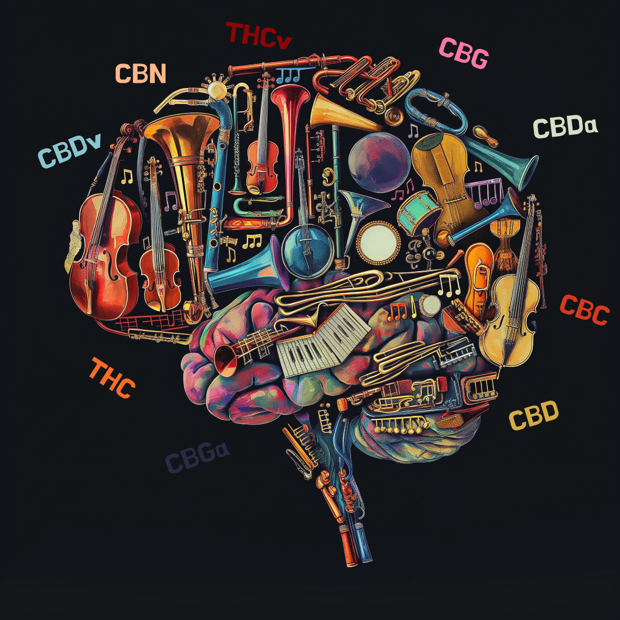 Image depicting the Entourage Effect featuring a brain composed of different musical instruments representing the variety of cannabinoids found in cannabis.