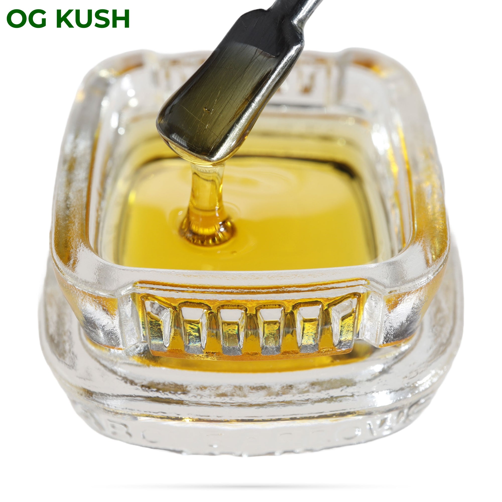 Image of OG Kush CBD Live Resin dripping from a dab tool into a calyx container.