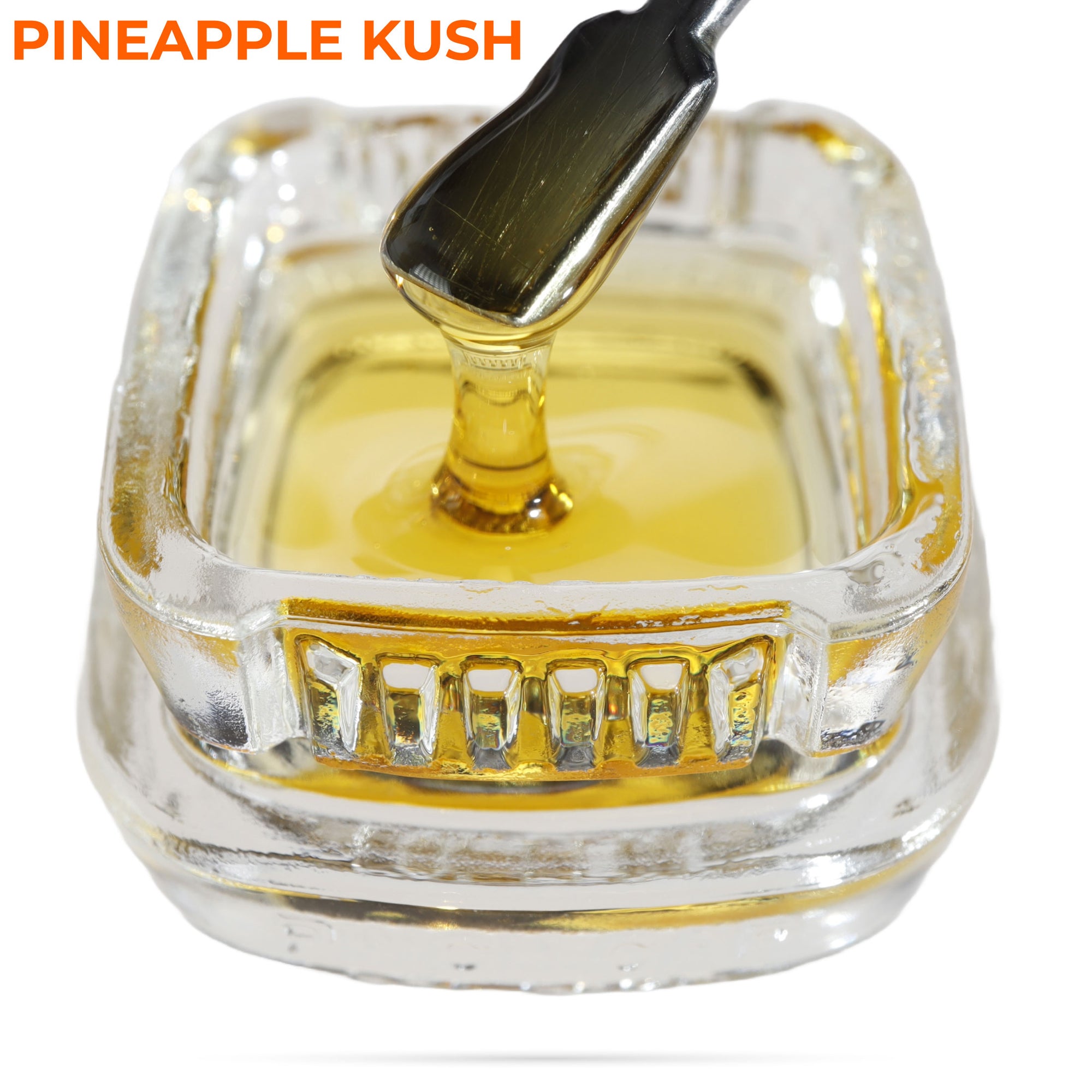 Image of Pineapple Kush CBD Live Resin dripping from a dab tool into a calyx container.