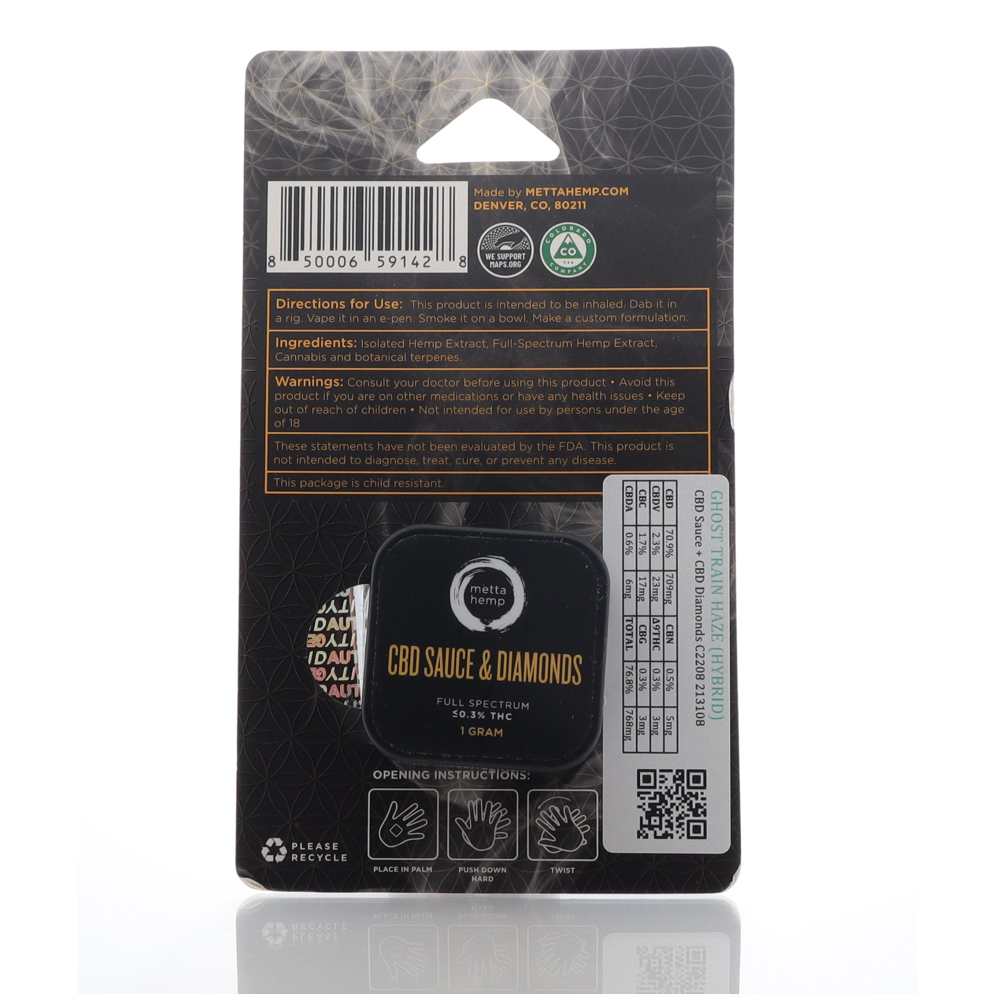 Image of Metta Hemp CBD Sauce and Diamonds package, back.