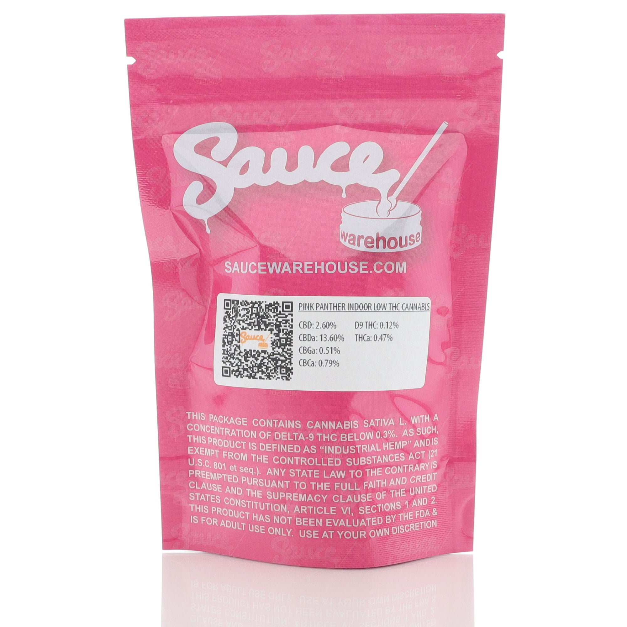 Pink Panther Indoor Low THC Cannabis Package with QR code linking to Lab Results