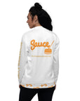 The back of the Sauce Warehouse Baller jacket features the Sauce Warehouse logo and URL. For the ballers and connoisseurs. Shop bulk CBD Concentrates, clothing, and dabbing accessories at Sauce Warehouse