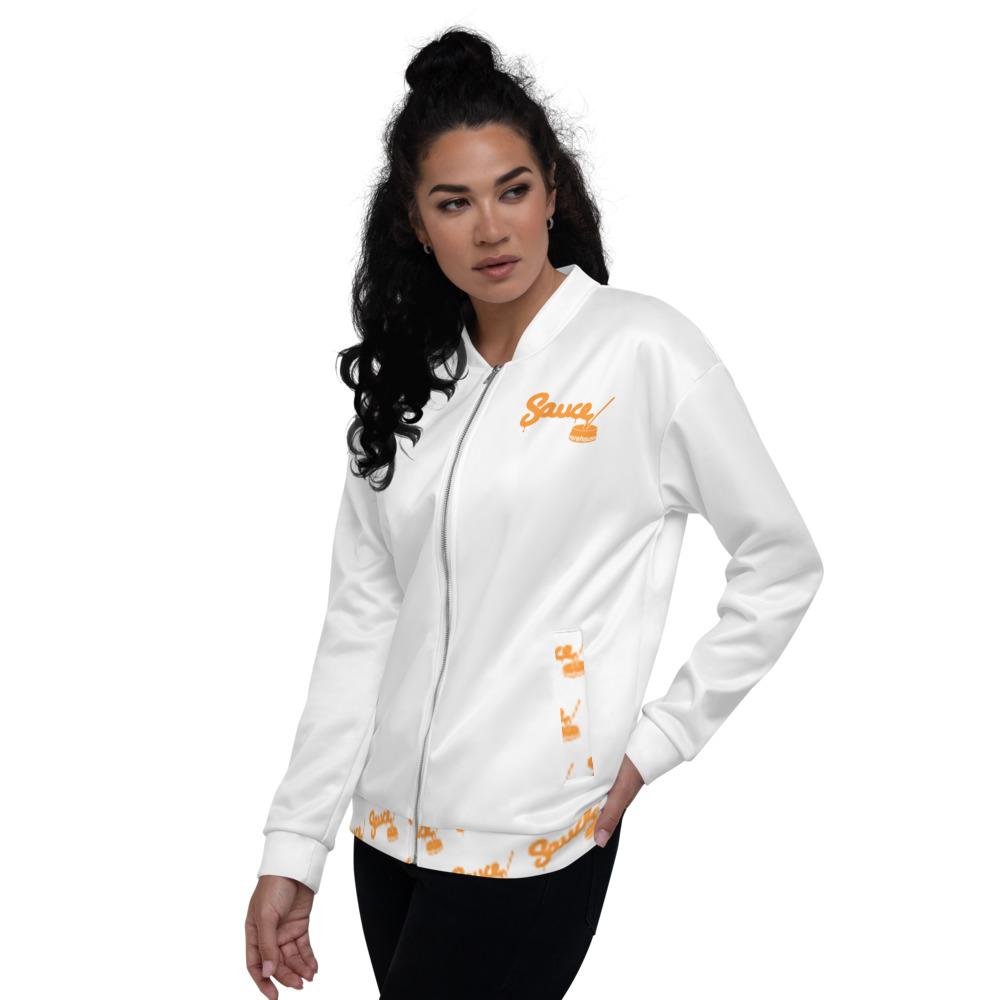 The front of the Sauce Warehouse Baller jacket features a Sauce Warehouse logo on the left chest and patterned logos over the pockets. For the ballers and connoisseurs. Shop bulk CBD Concentrates, clothing, and dabbing accessories at Sauce Warehouse