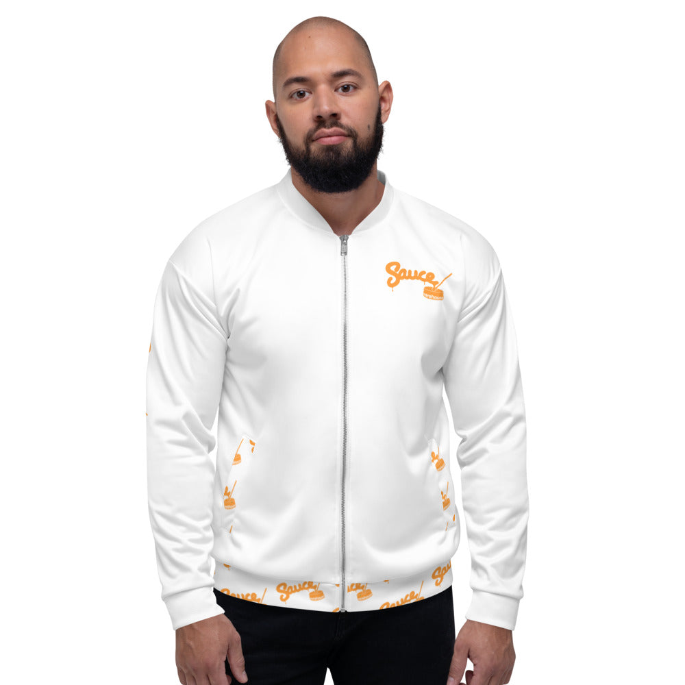 The front of the Sauce Warehouse Baller jacket features a Sauce Warehouse logo on the left chest and patterned logos over the pockets. For the ballers and connoisseurs. Shop bulk CBD Concentrates, clothing, and dabbing accessories at Sauce Warehouse