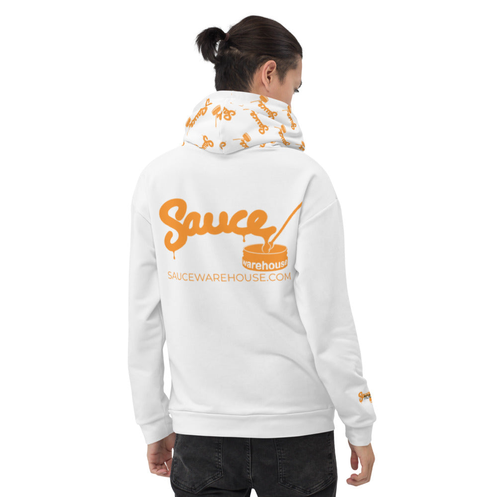 The back of the Sauce Warehouse Micro-Dose hoodie features the Sauce Warehouse logo and wesbite URL. Shop clothing and dabbing accessories at Sauce Warehouse