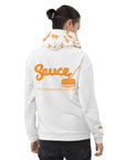 The back of the Sauce Warehouse Micro-Dose hoodie features the Sauce Warehouse logo and wesbite URL. Shop clothing and dabbing accessories at Sauce Warehouse