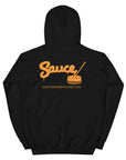 Black Sauce Warehouse unisex Hoodie V2. The back of this hoodie features the Sauce Warehouse logo and URL. Shop CBD concentrates, clothing, and dabbing accessories at Sauce Warehouse