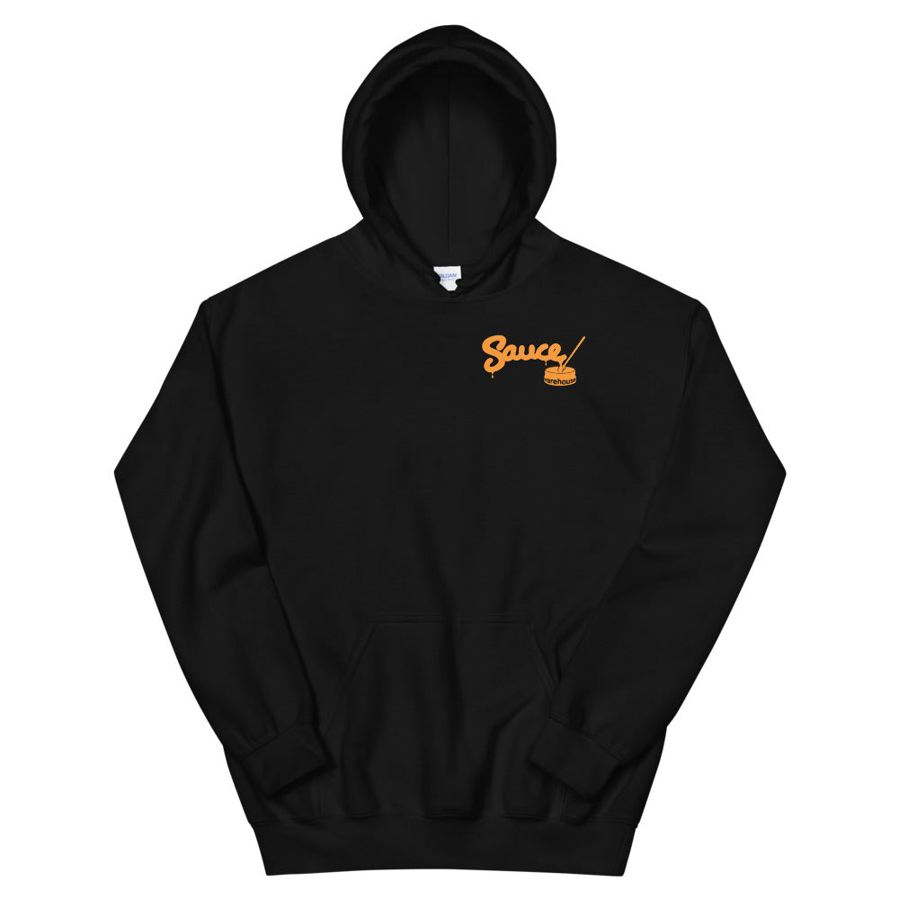 Black Sauce Warehouse unisex Hoodie V2. The front of this hoodie features a small minimalist logo on the left chest. Shop CBD concentrates, clothing, and dabbing accessories at Sauce Warehouse