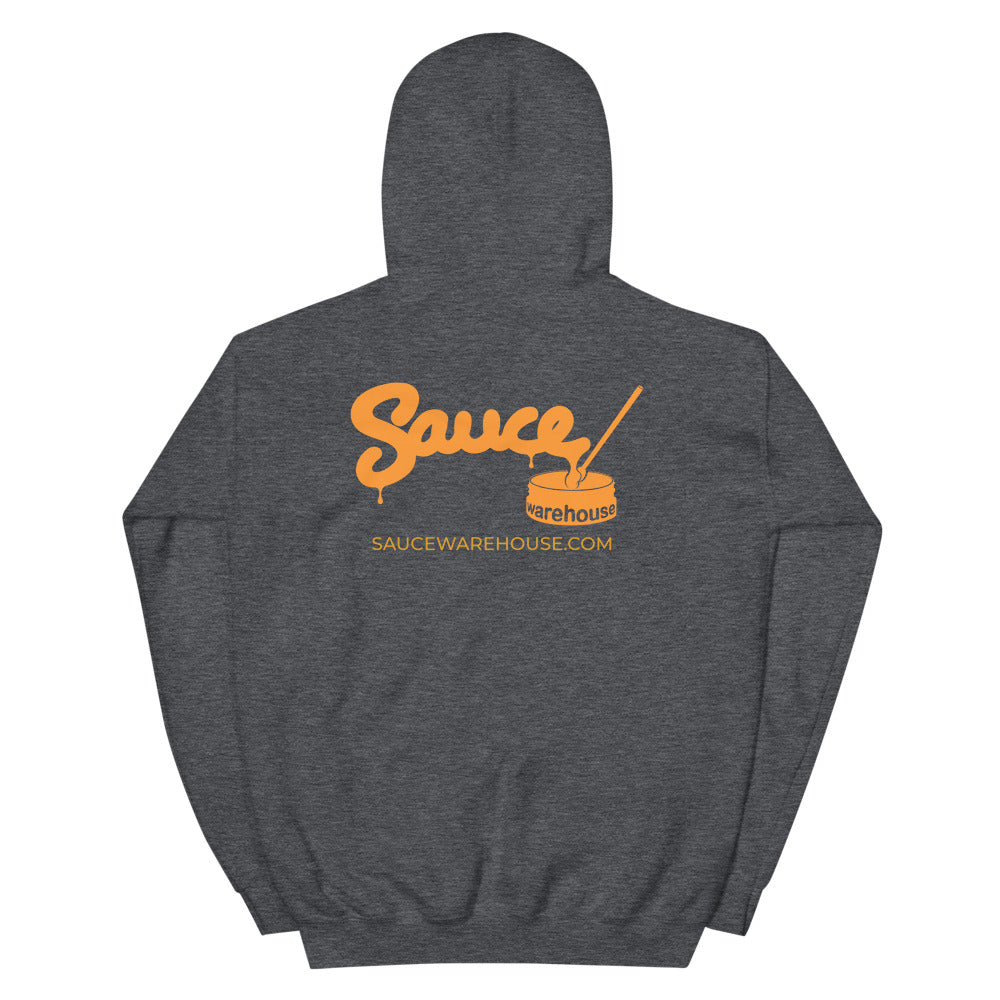 Dark Heather Sauce Warehouse unisex Hoodie V2. The back of this hoodie features the Sauce Warehouse logo and URL. Shop CBD concentrates, clothing, and dabbing accessories at Sauce Warehouse