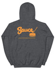 Dark Heather Sauce Warehouse unisex Hoodie V2. The back of this hoodie features the Sauce Warehouse logo and URL. Shop CBD concentrates, clothing, and dabbing accessories at Sauce Warehouse