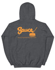 Dark Heather Sauce Warehouse unisex hoodie. The back of this hoodie features the Sauce Warehouse logo and URL. Shop CBD Concentrates, clothing, and dabbing accessories at Sauce Warehouse.
