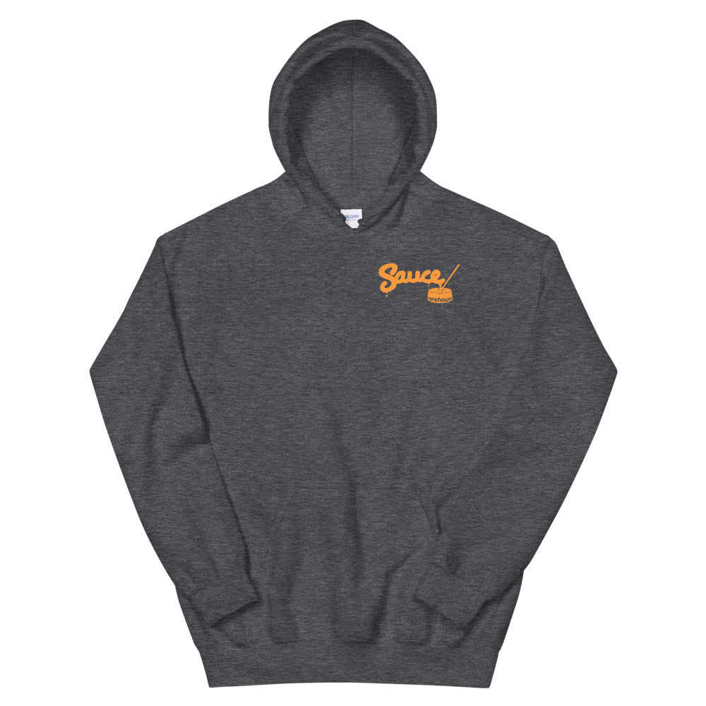 Dark Heather Sauce Warehouse unisex Hoodie V2. The front of this hoodie features a small minimalist logo on the left chest. Shop CBD concentrates, clothing, and dabbing accessories at Sauce Warehouse