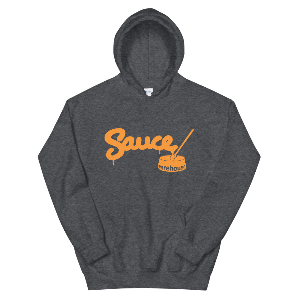 Dark Heather Sauce Warehouse unisex hoodie. The front of this hoodie features a center pocket and the Sauce Warehouse logo. Shop CBD Concentrates, clothing, and dabbing accessories at Sauce Warehouse.