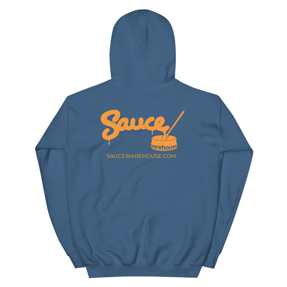 Indigo Blue Sauce Warehouse unisex Hoodie V2. The back of this hoodie features the Sauce Warehouse logo and URL. Shop CBD concentrates, clothing, and dabbing accessories at Sauce Warehouse