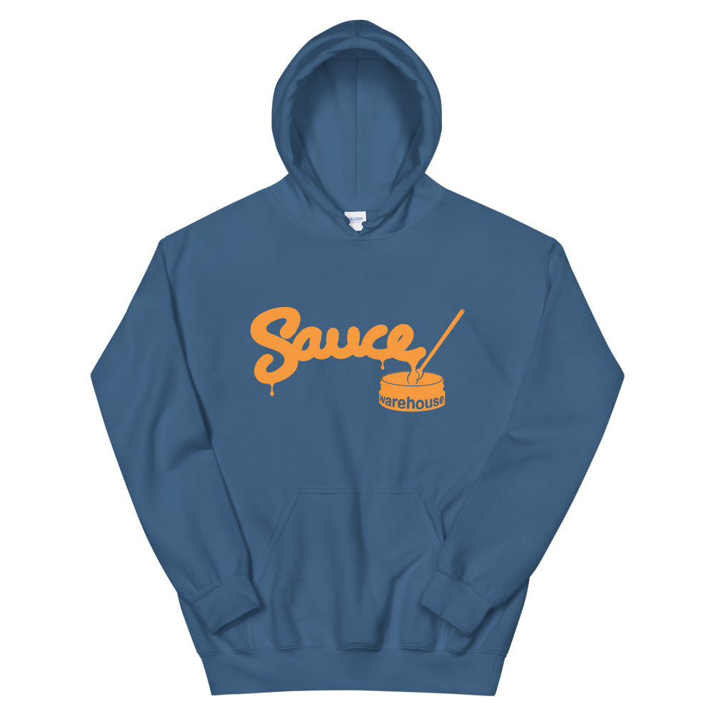 Indigo Blue Sauce Warehouse unisex hoodie. The front of this hoodie features a center pocket and the Sauce Warehouse logo. Shop CBD Concentrates, clothing, and dabbing accessories at Sauce Warehouse.