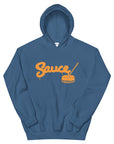 Indigo Blue Sauce Warehouse unisex hoodie. The front of this hoodie features a center pocket and the Sauce Warehouse logo. Shop CBD Concentrates, clothing, and dabbing accessories at Sauce Warehouse.