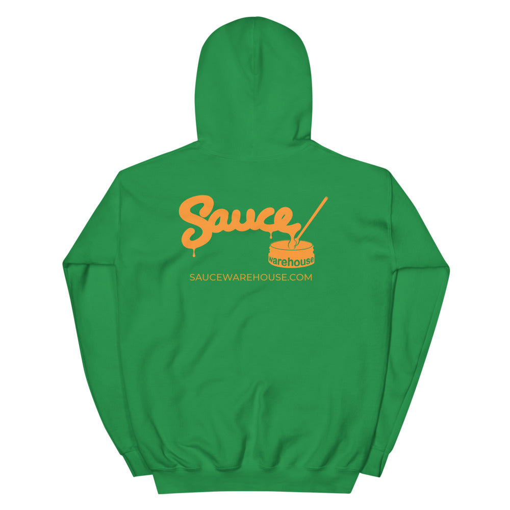 Irish Green Sauce Warehouse unisex Hoodie V2. The back of this hoodie features the Sauce Warehouse logo and URL. Shop CBD concentrates, clothing, and dabbing accessories at Sauce Warehouse