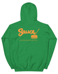 Irish Green Sauce Warehouse unisex Hoodie V2. The back of this hoodie features the Sauce Warehouse logo and URL. Shop CBD concentrates, clothing, and dabbing accessories at Sauce Warehouse