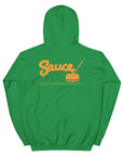 Irish Green Sauce Warehouse unisex hoodie. The back of this hoodie features the Sauce Warehouse logo and URL. Shop CBD Concentrates, clothing, and dabbing accessories at Sauce Warehouse.