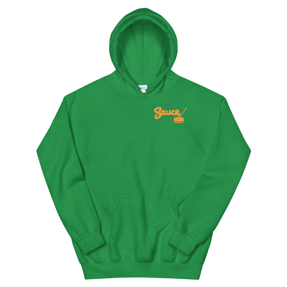 Irish Green Sauce Warehouse unisex Hoodie V2. The front of this hoodie features a small minimalist logo on the left chest. Shop CBD concentrates, clothing, and dabbing accessories at Sauce Warehouse