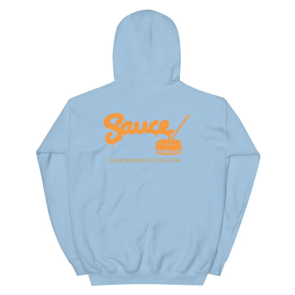 Light Blue Sauce Warehouse unisex Hoodie V2. The back of this hoodie features the Sauce Warehouse logo and URL. Shop CBD concentrates, clothing, and dabbing accessories at Sauce Warehouse