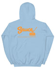 Light Blue Sauce Warehouse unisex hoodie. The back of this hoodie features the Sauce Warehouse logo and URL. Shop CBD Concentrates, clothing, and dabbing accessories at Sauce Warehouse.
