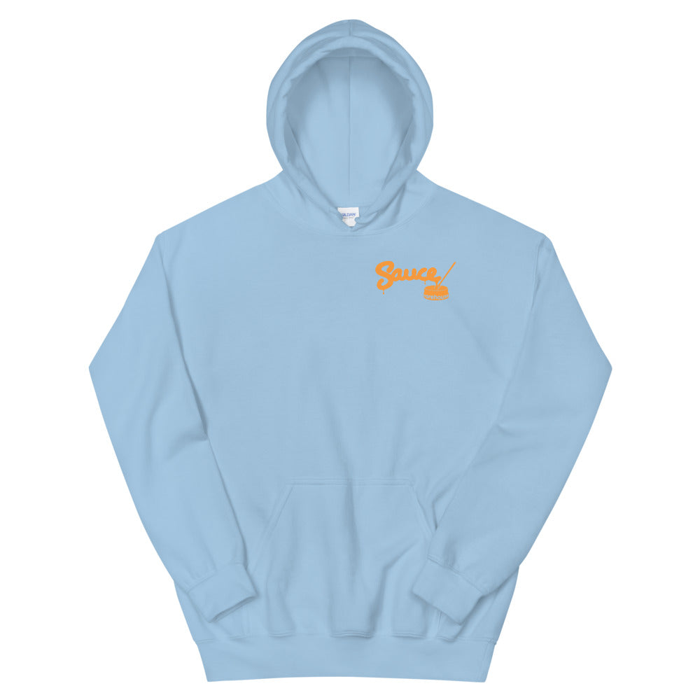 Light Blue Sauce Warehouse unisex Hoodie V2. The front of this hoodie features a small minimalist logo on the left chest. Shop CBD concentrates, clothing, and dabbing accessories at Sauce Warehouse