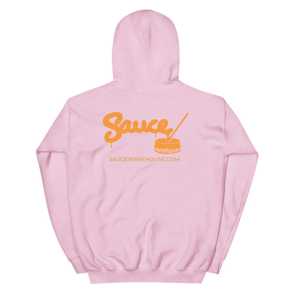 Light Pink Sauce Warehouse unisex Hoodie V2. The back of this hoodie features the Sauce Warehouse logo and URL. Shop CBD concentrates, clothing, and dabbing accessories at Sauce Warehouse