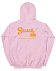 Light Pink Sauce Warehouse unisex Hoodie V2. The back of this hoodie features the Sauce Warehouse logo and URL. Shop CBD concentrates, clothing, and dabbing accessories at Sauce Warehouse