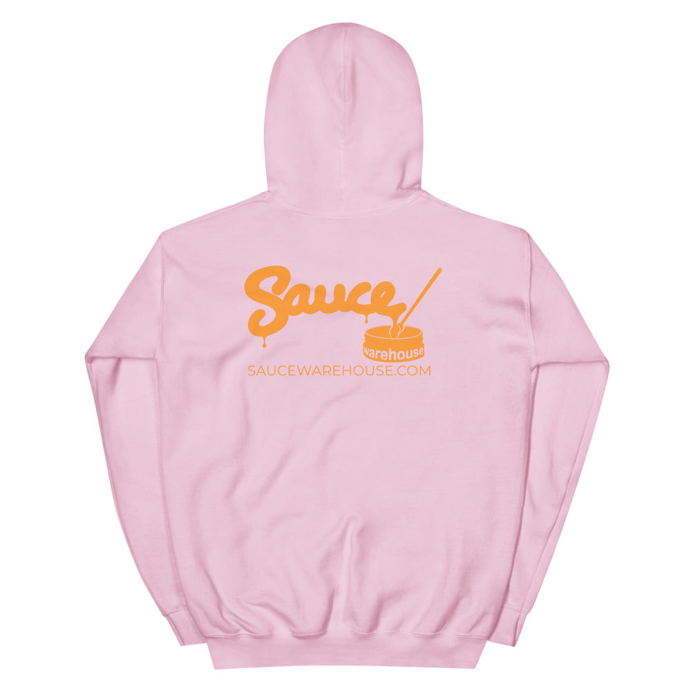 Light Pink Sauce Warehouse unisex hoodie. The back of this hoodie features the Sauce Warehouse logo and URL. Shop CBD Concentrates, clothing, and dabbing accessories at Sauce Warehouse.