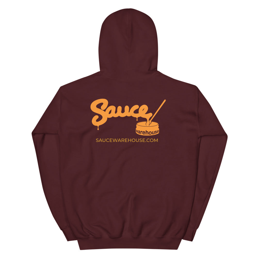 Maroon Sauce Warehouse unisex Hoodie V2. The back of this hoodie features the Sauce Warehouse logo and URL. Shop CBD concentrates, clothing, and dabbing accessories at Sauce Warehouse
