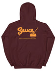 Maroon Sauce Warehouse unisex Hoodie V2. The back of this hoodie features the Sauce Warehouse logo and URL. Shop CBD concentrates, clothing, and dabbing accessories at Sauce Warehouse