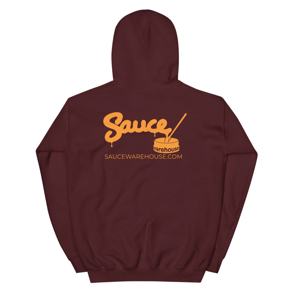 Maroon Sauce Warehouse unisex hoodie. The back of this hoodie features the Sauce Warehouse logo and URL. Shop CBD Concentrates, clothing, and dabbing accessories at Sauce Warehouse.