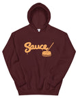 Maroon Sauce Warehouse unisex hoodie. The front of this hoodie features a center pocket and the Sauce Warehouse logo. Shop CBD Concentrates, clothing, and dabbing accessories at Sauce Warehouse.