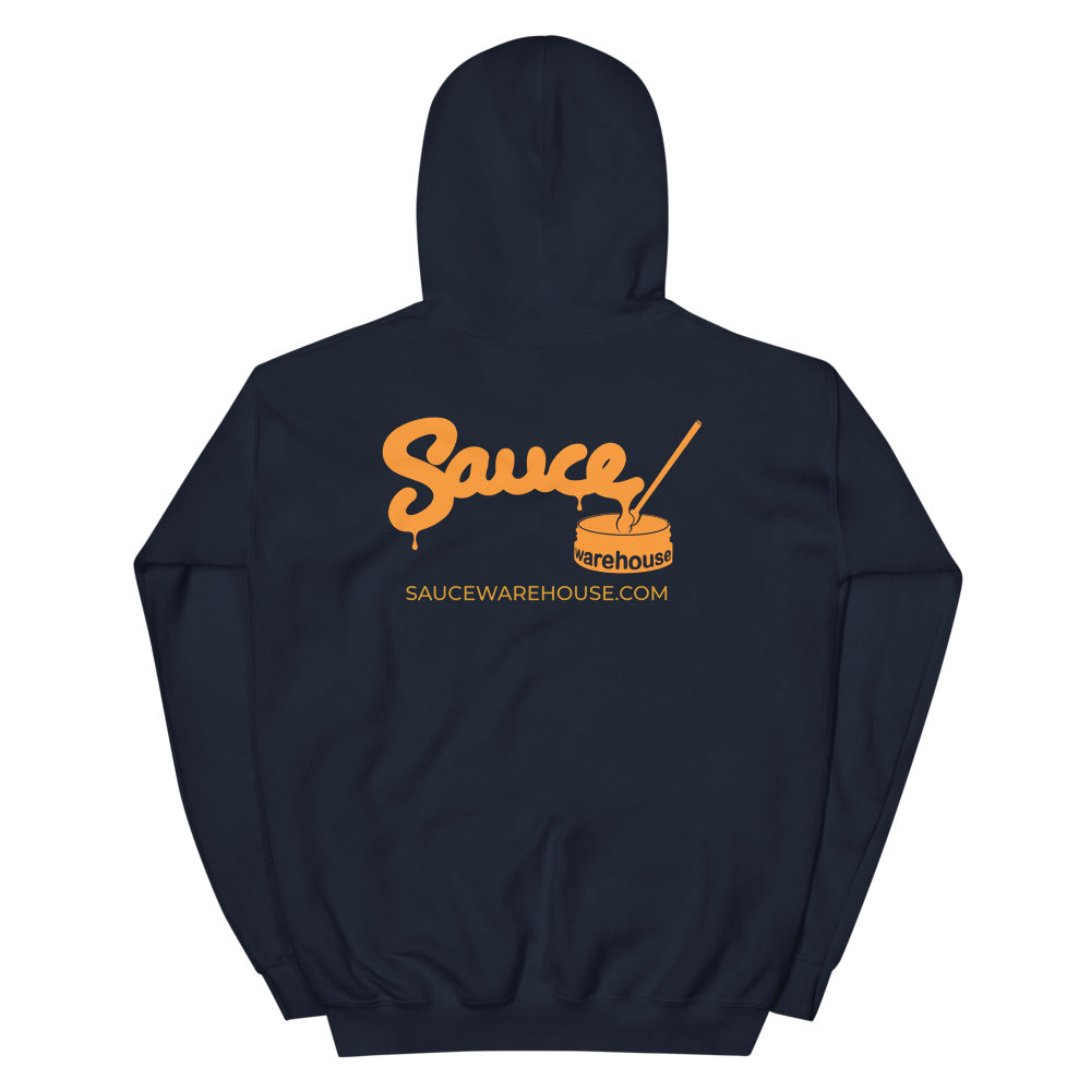 Navy Blue Sauce Warehouse unisex Hoodie V2. The back of this hoodie features the Sauce Warehouse logo and URL. Shop CBD concentrates, clothing, and dabbing accessories at Sauce Warehouse