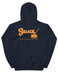 Navy Blue Sauce Warehouse unisex hoodie. The back of this hoodie features the Sauce Warehouse logo and URL. Shop CBD Concentrates, clothing, and dabbing accessories at Sauce Warehouse.