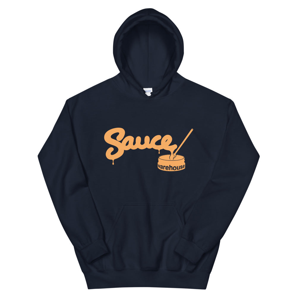 Navy Blue Sauce Warehouse unisex hoodie. The front of this hoodie features a center pocket and the Sauce Warehouse logo. Shop CBD Concentrates, clothing, and dabbing accessories at Sauce Warehouse.