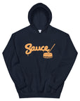 Navy Blue Sauce Warehouse unisex hoodie. The front of this hoodie features a center pocket and the Sauce Warehouse logo. Shop CBD Concentrates, clothing, and dabbing accessories at Sauce Warehouse.