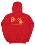 Red Sauce Warehouse unisex Hoodie V2. The back of this hoodie features the Sauce Warehouse logo and URL. Shop CBD concentrates, clothing, and dabbing accessories at Sauce Warehouse