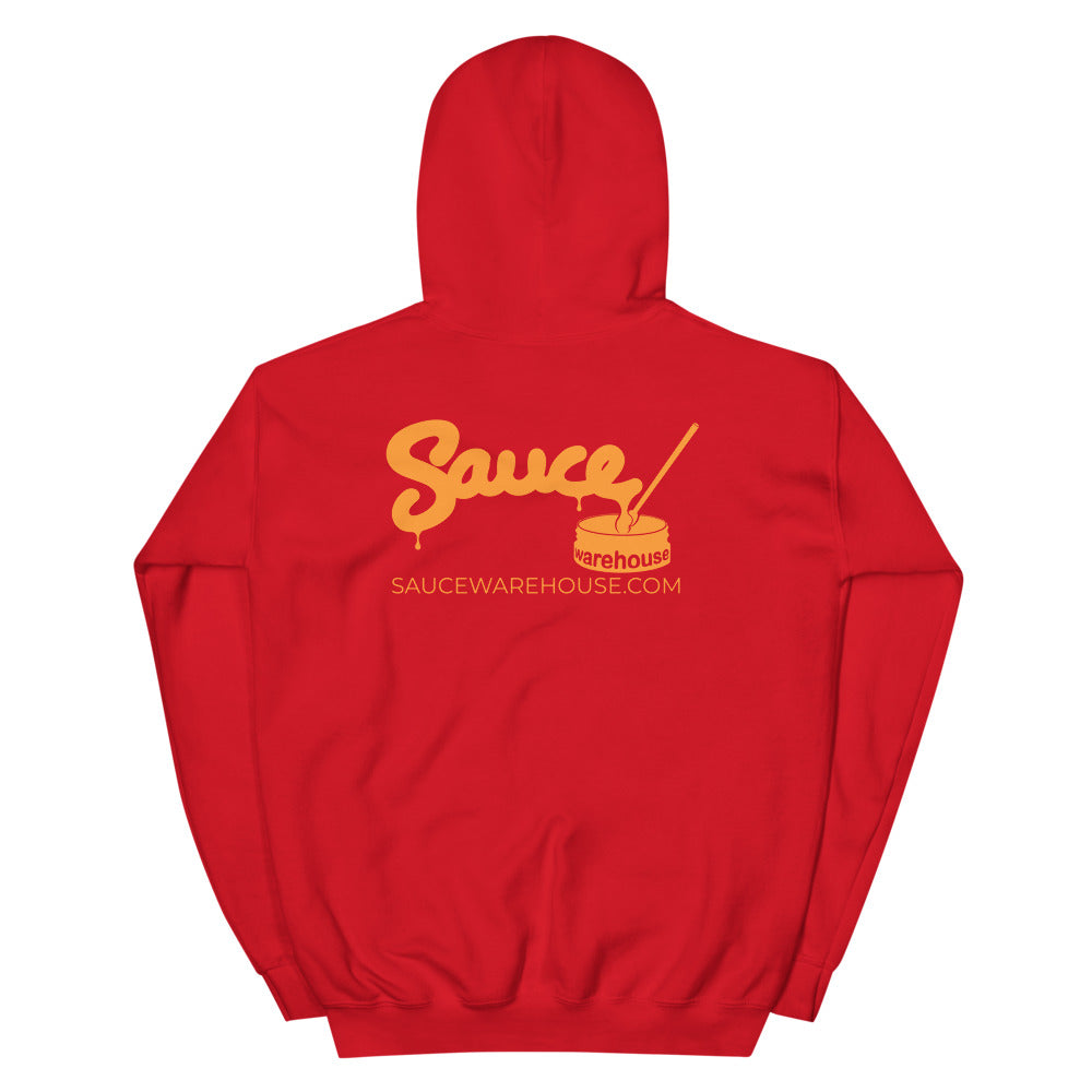 Red Sauce Warehouse unisex hoodie. The back of this hoodie features the Sauce Warehouse logo and URL. Shop CBD Concentrates, clothing, and dabbing accessories at Sauce Warehouse.