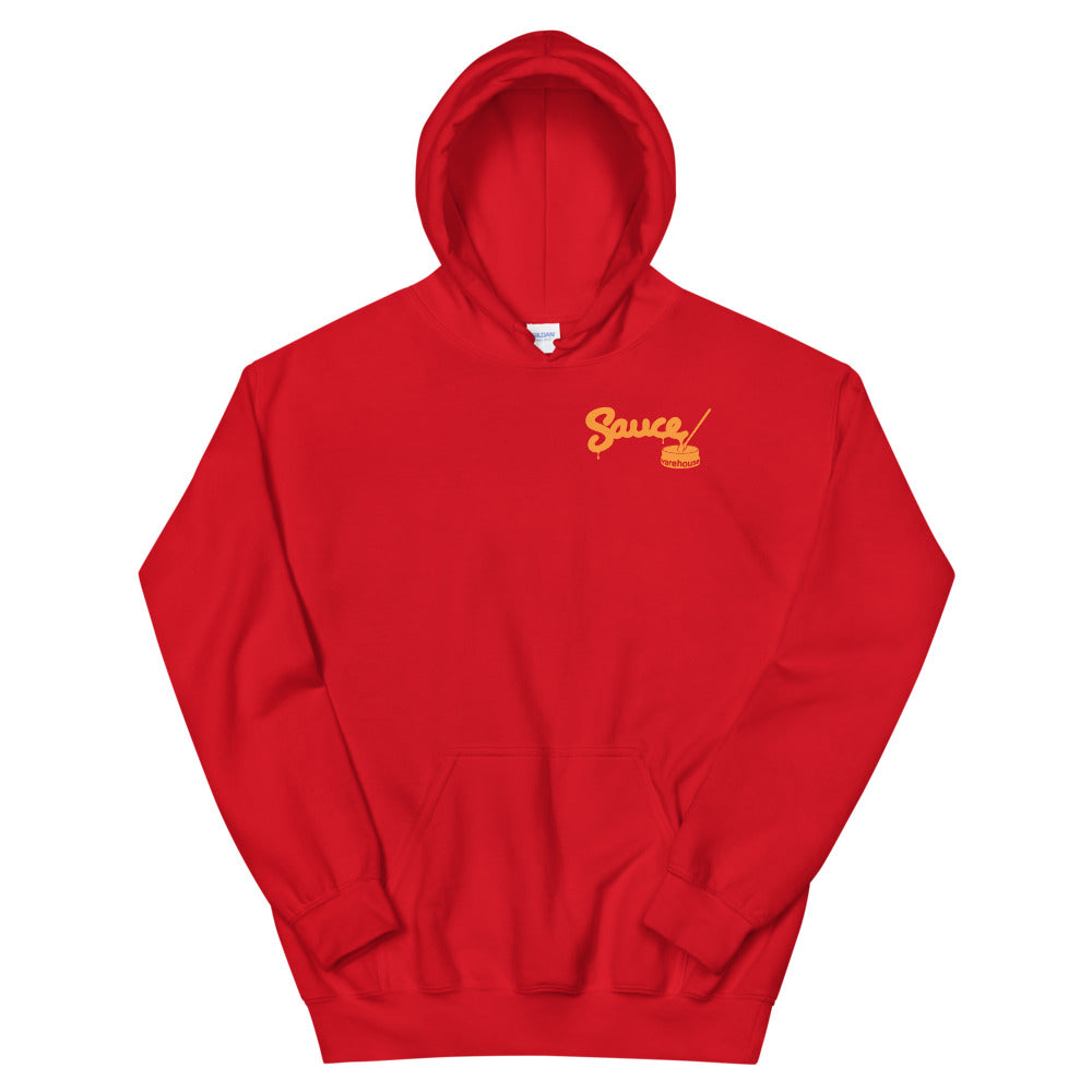 Red Sauce Warehouse unisex Hoodie V2. The front of this hoodie features a small minimalist logo on the left chest. Shop CBD concentrates, clothing, and dabbing accessories at Sauce Warehouse