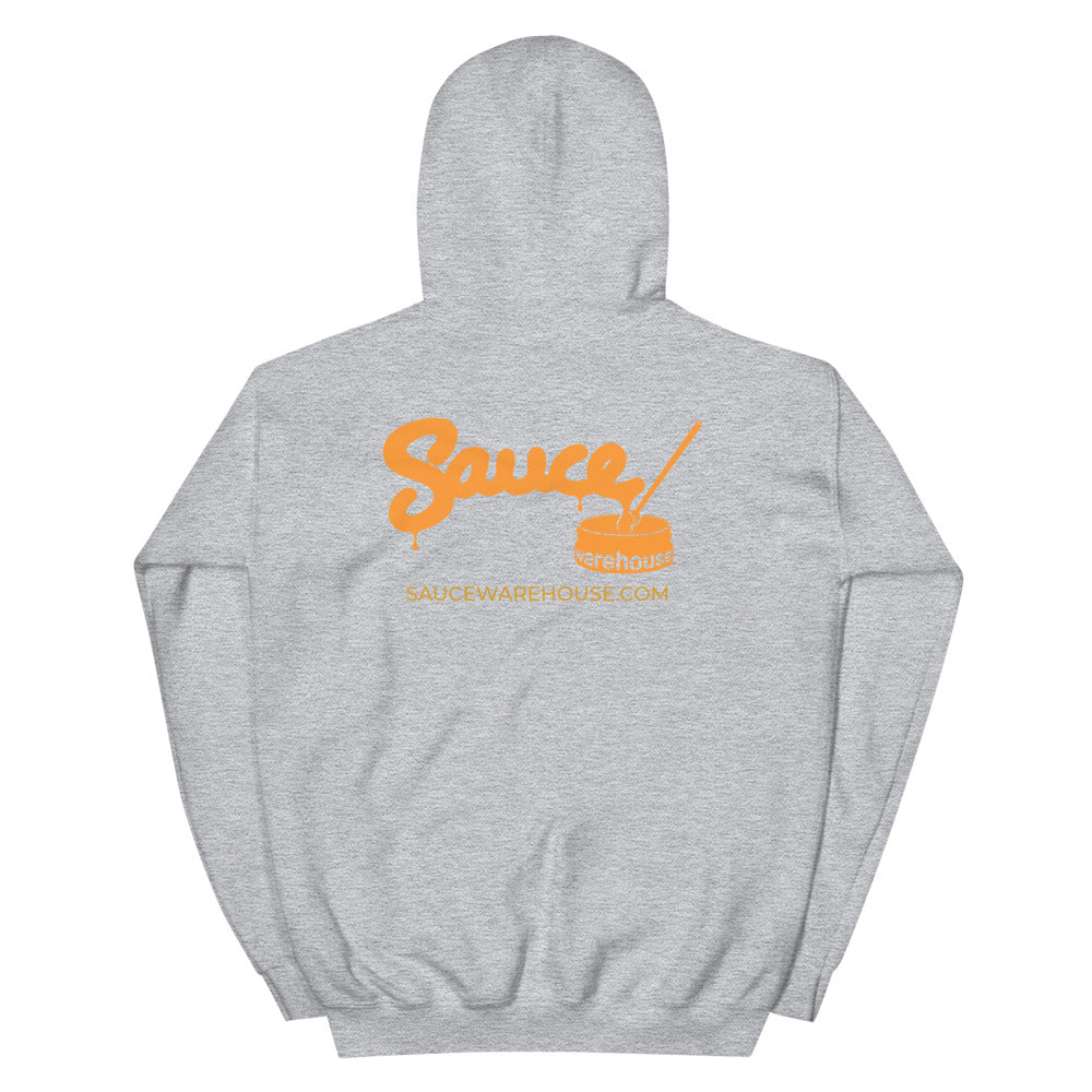 Sport Grey Sauce Warehouse unisex Hoodie V2. The back of this hoodie features the Sauce Warehouse logo and URL. Shop CBD concentrates, clothing, and dabbing accessories at Sauce Warehouse