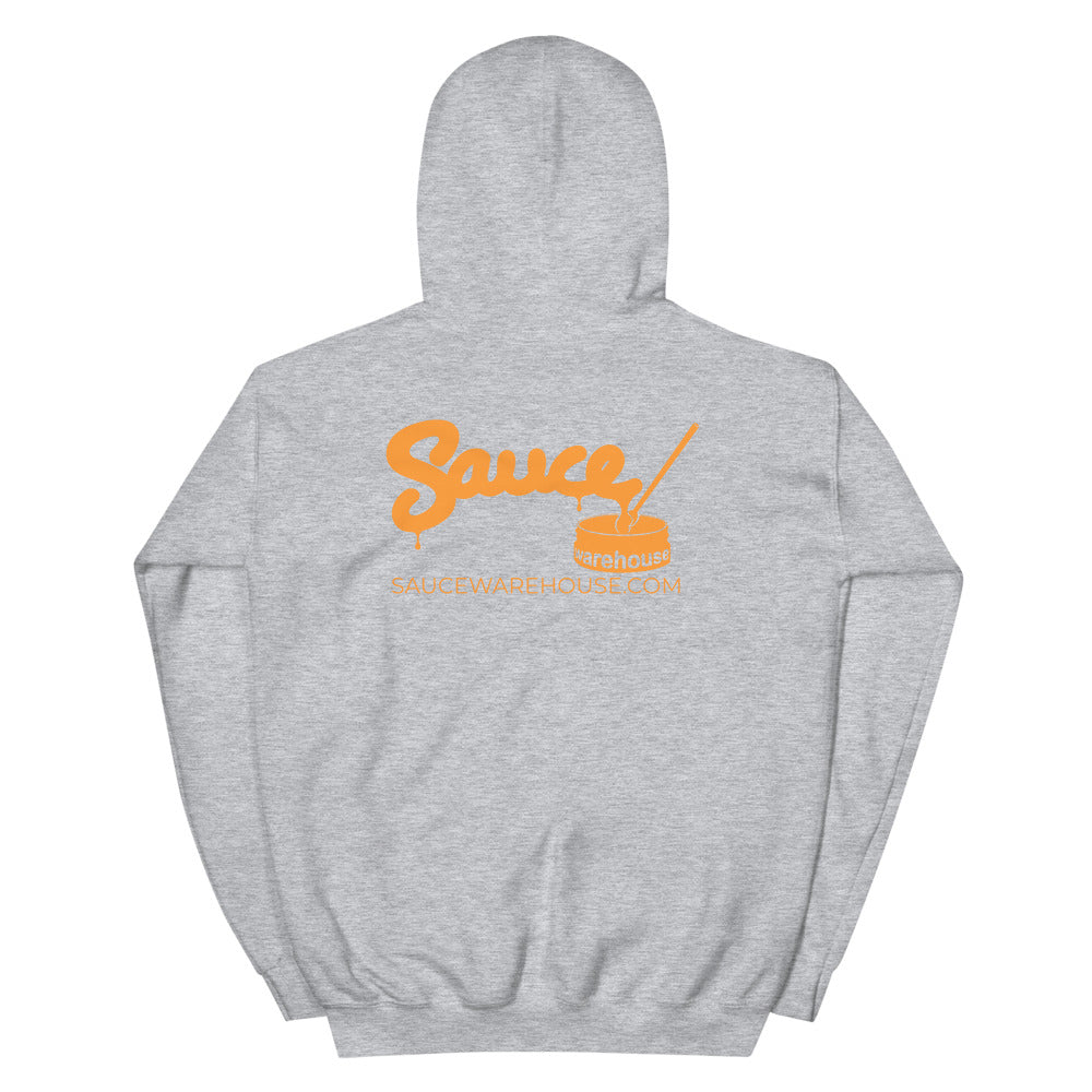 Sport Grey Sauce Warehouse unisex hoodie. The back of this hoodie features the Sauce Warehouse logo and URL. Shop CBD Concentrates, clothing, and dabbing accessories at Sauce Warehouse.