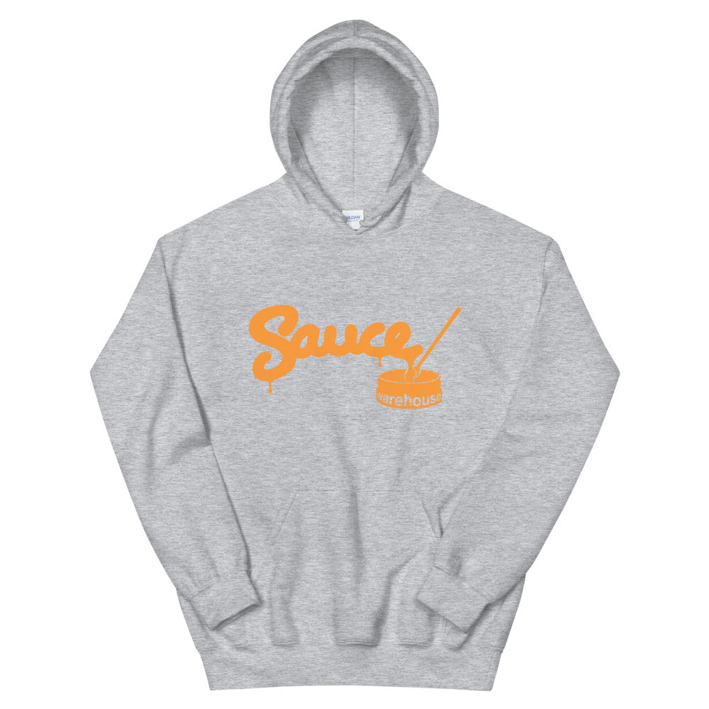 Sport Grey Sauce Warehouse unisex hoodie. The front of this hoodie features a center pocket and the Sauce Warehouse logo. Shop CBD Concentrates, clothing, and dabbing accessories at Sauce Warehouse.